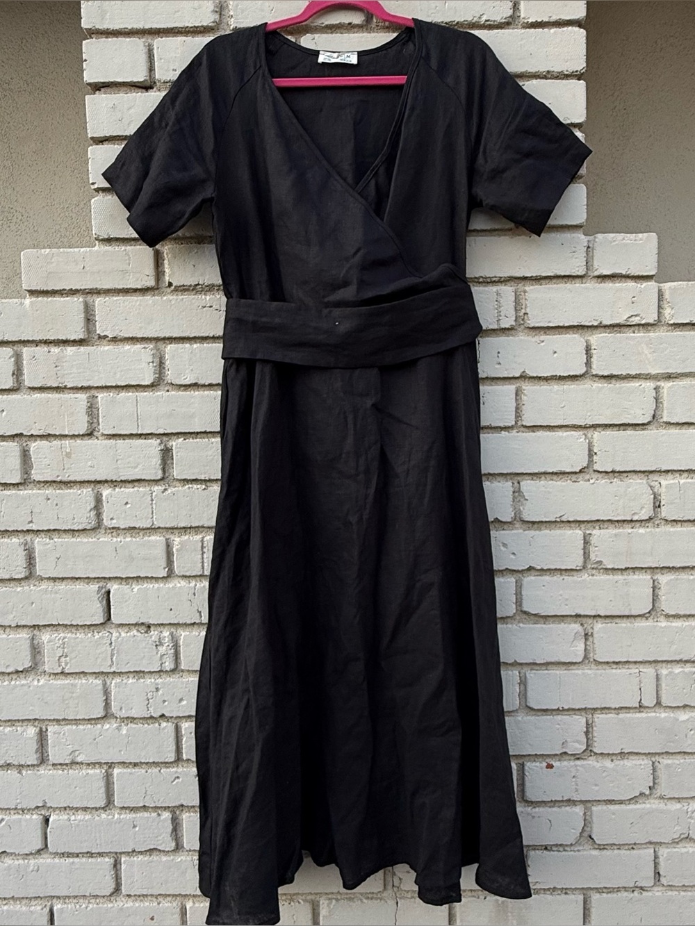 Linen Fairytales 100% Linen Wrap Midi Dress in Black - Size Medium